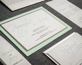 Mint Green Invitations, Beach Wedding Invitations, Cream and Grey Invites - "Modern Swirl & Flourish" Flat Panel, 2 Layers, v1 - SAMPLE