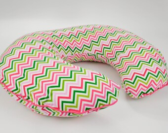 CLEARANCE, Boppy Cover in Pink Green Mini Chevron, Boppy Nursing Pillow Cover, Boppy Piping and Zipper, Baby Shower GIfts Under 50, Boppie