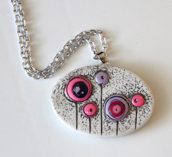 Items similar to Hot Pink Lavender Flowers Polymer Clay Pendant with