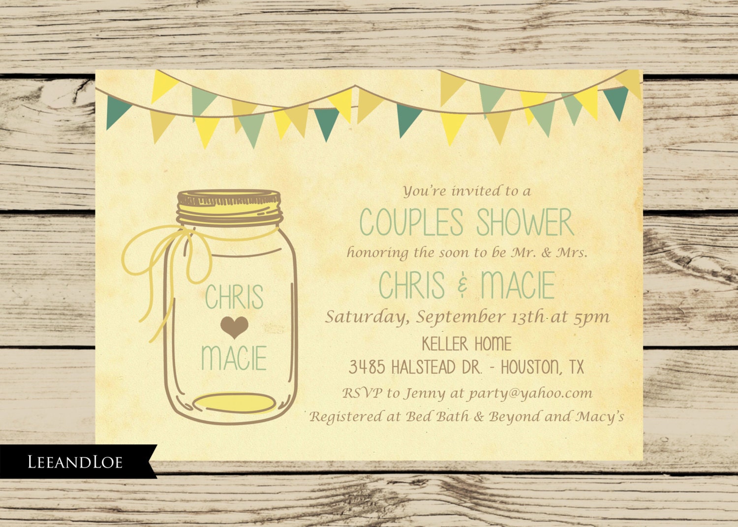 Mason Jar Wedding Shower InvitationRustic Bunting by LeeandLoe