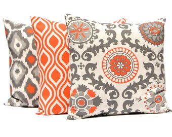 Orange Pillow Covers, Throw Pillow Cover, Decorative Pillow Covers, Orange Taupe on Linen, Cushion Cover Fall Pillows Set of Three