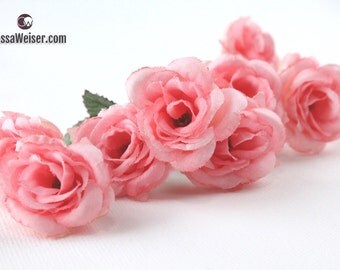 Silk Flowers - Nine Mini Roses in Peachy Pink - Small Flowers - Artificial Flowers
