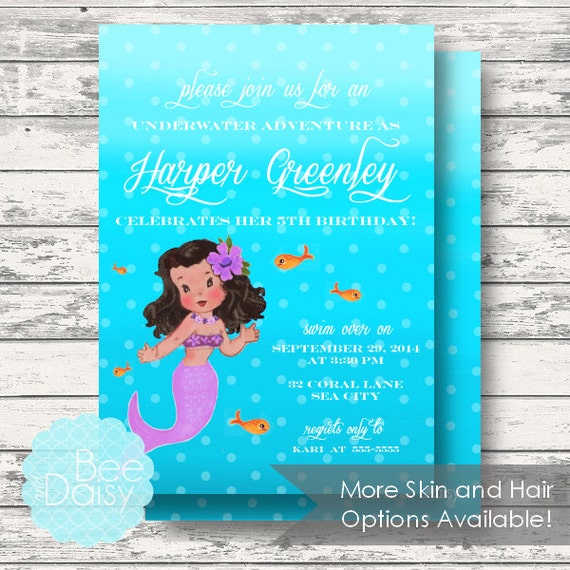 Mermaid Invitation, Birthday Party Invitation, Baby Shower Invitation, Printable Digital Invite - CHOOSE Skin & Hair Il_570xn