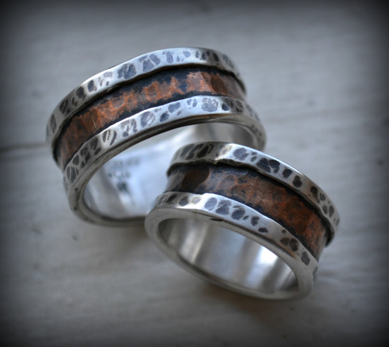 rustic wedding rings fine silver and copper handmade