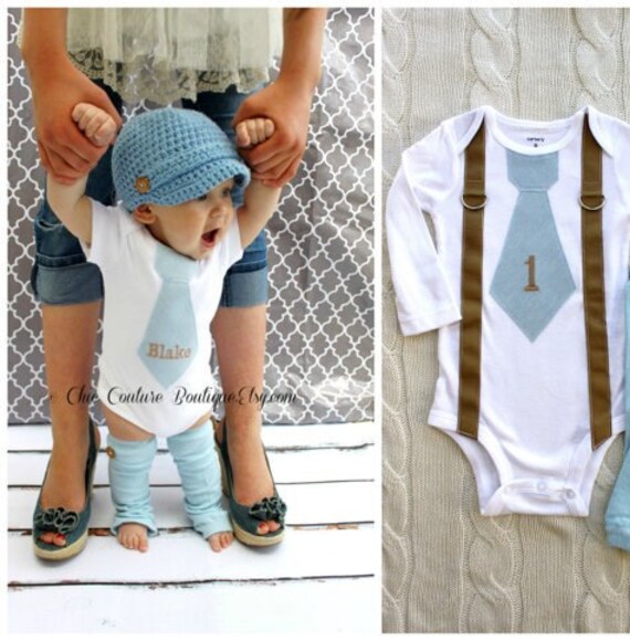 Baby Boy Tie and Suspenders Bodysuit. Baby Blue Herringbone Personalized 