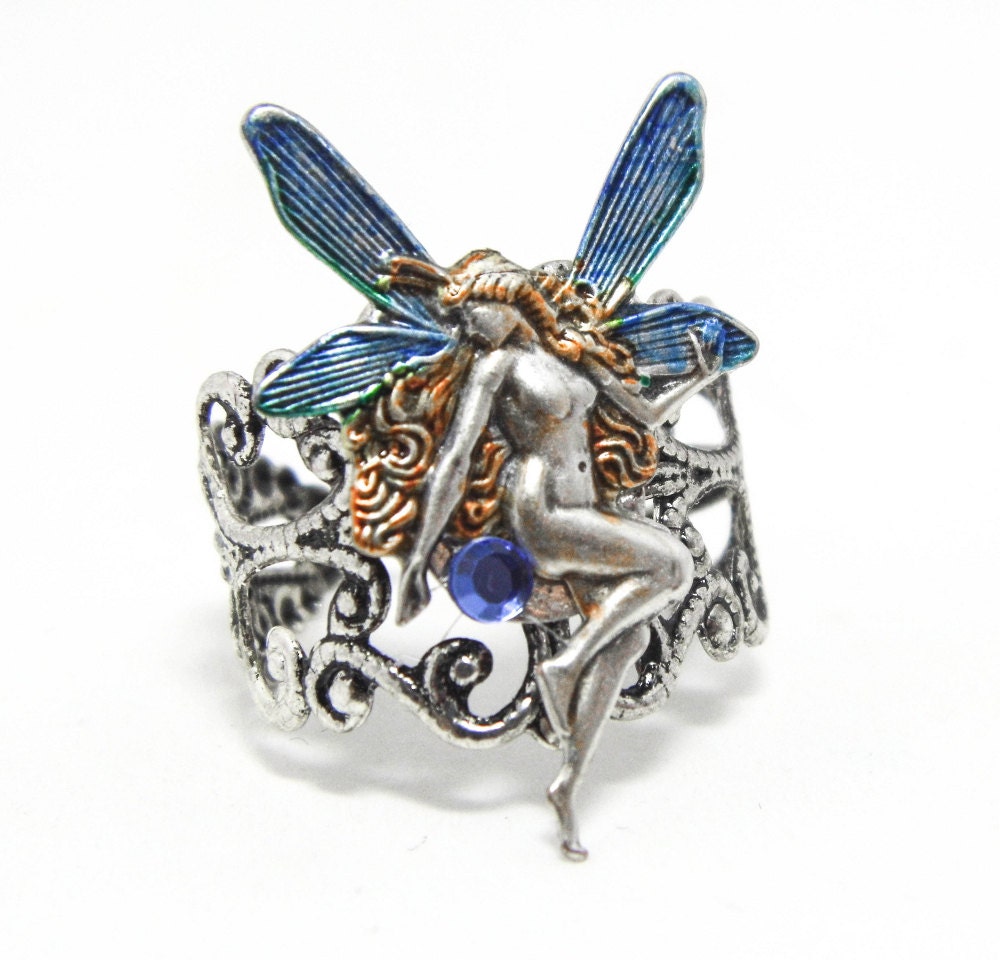 Victorian blue fairy ring adjustable ring silver filigree