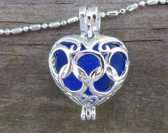 Cobalt Blue Sea Glass Heart Necklace Locket Sapphire Blue