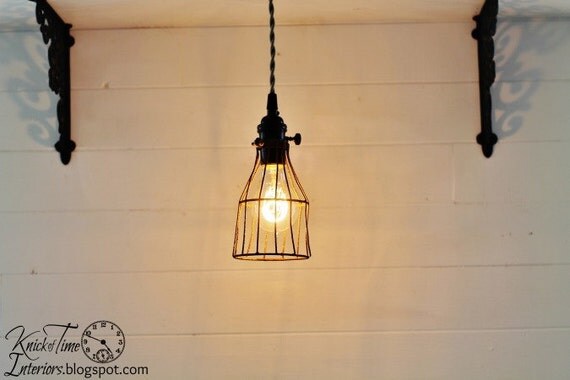 Vintage Industrial Cage Pendant Work Light with Twisted Cloth Covered Cord & Brass Socket