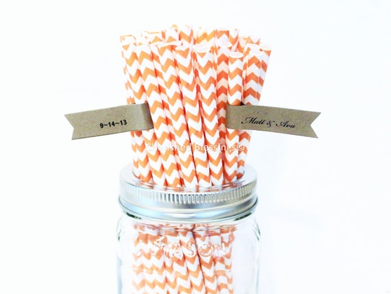 25 Orange Paper Straws, Orange Chevron Striped Cake Pop Sticks Retro Rustic Vintage Straws, Wedding, Baby Shower, Kids Birthday Made in USA Il_570xn