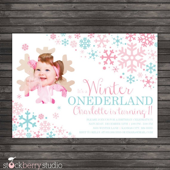 Girl Winter Wonderland Birthday Invitation Printable - Pink Blue Winter Onederland Invitation - Snowflake Birthday Invitation - Girl Il_570xn