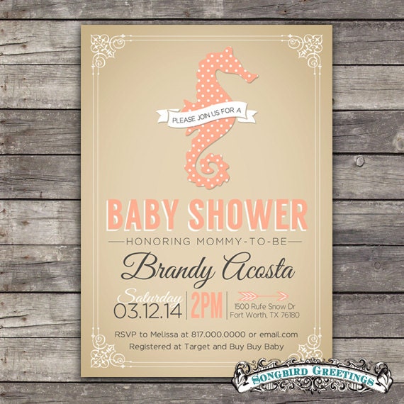 Seahorse coral pink baby shower invitation--customizable Il_570xn