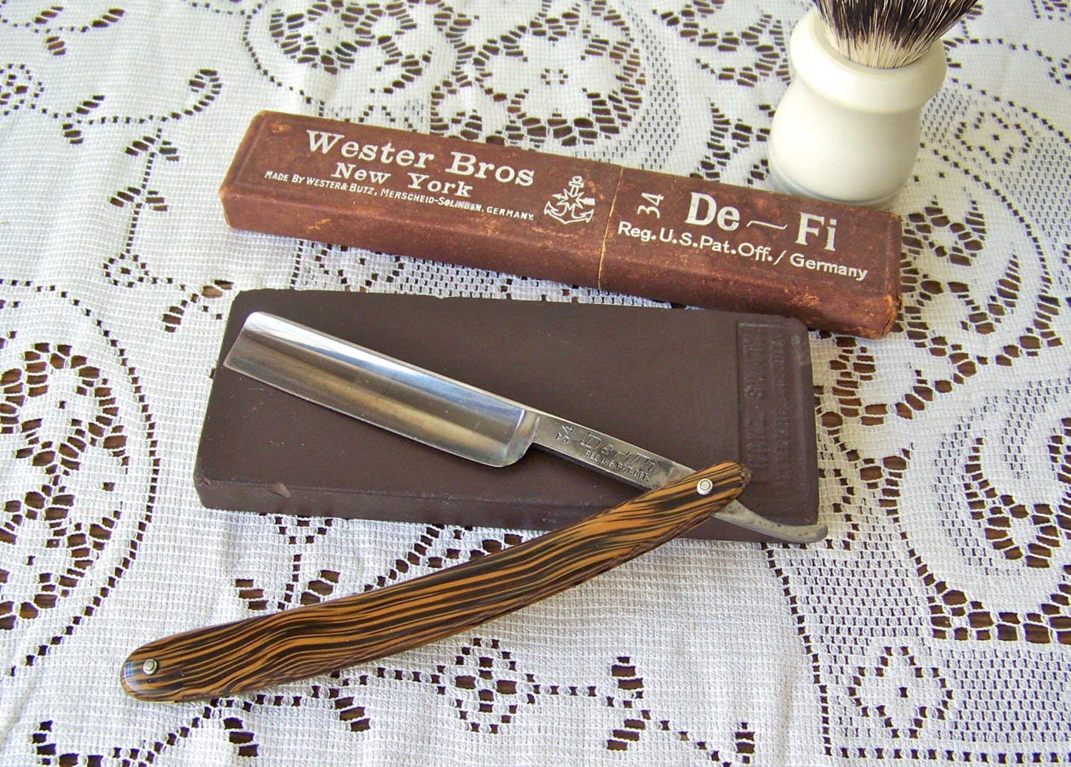 Antique Straight Edge Razor Hone and Brush Set Wester Bros