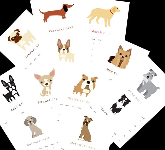2015 Calendar. Twelve (12) adorable dog illustrations, one for each