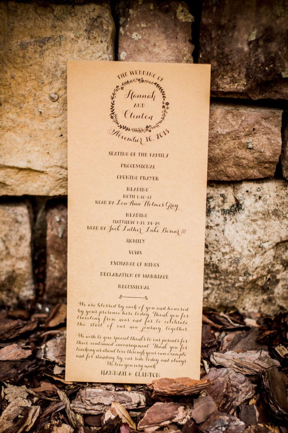 Rustic elegant Wedding programs with garland design wreath KRAFT paper