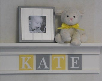 Yellow Gray Nursery Decor Bright White or Linen (Off White) Shelf with Wooden Wall Plaques Grey and Yellow Personalized Baby Girl Gifts