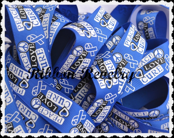Peace, Love, Cure ribbons on electric blue 7/8" grosgrain ribbon colon cancer awareness Il_570xn