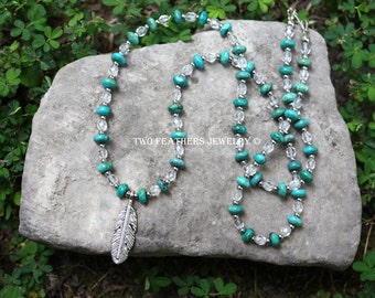 Turquoise Necklace - Silver Feather Necklace - Crystal Necklace - Native Inspired Southwestern Jewelry - Gemstone Necklace - Two Feathers