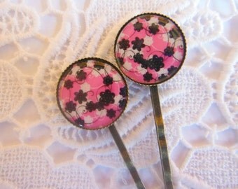Pink Black And White Flower Hair Clips Bobby Pins.