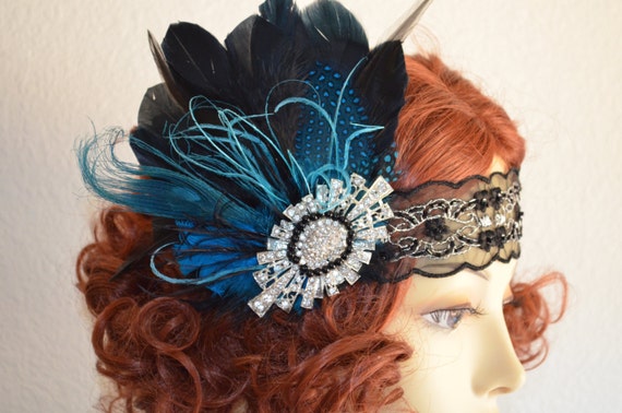 READY TO SHIP, Black and turquoise Art deco Headpiece,Feather flapper,Rhinestone,1920s headpiece,Gatsby headband,Downton Abby headband,Aqua