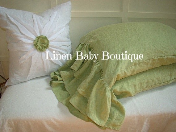 Ruffled Linen Pillow Case Decorative Sham. Sage Green Linen