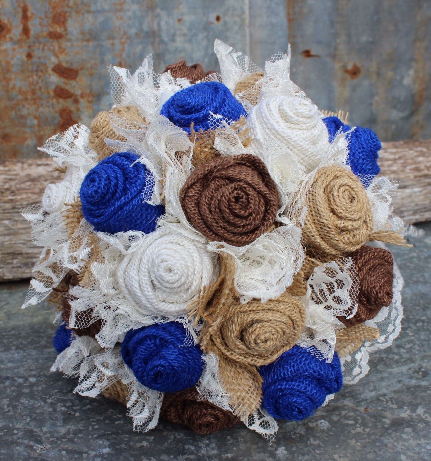 Royal Blue Burlap and Lace Bride's Bouquets Custom Bridal