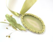 Agate slice pendant with tatted lace frame - Linden green agate stone unique pendant OOAK