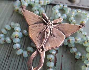 SALE Angel fairy knotted necklace - Green Goddess - seafoam pale green opal glass artisan bronze butterfly moth boho by slashKnots