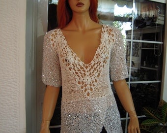 wedding top handmade knitted sequin white peplum top,boho blouse, deep V neck top,sparkle top M/L size gift idea for her by golden yarn