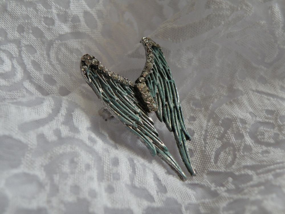 Verdigris Rhinestone Angel Wing Ring by kurtzkreationsToo on Etsy