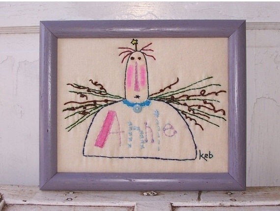 Primitive Folk Art Stitchery Raggedy Angel Annie Ann Framed Stitchery Decor