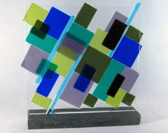 Art Glass Sculpture Mid Century Modern Asymmetrical Patchwork Block Sculpture Fused Glass Artist Signed