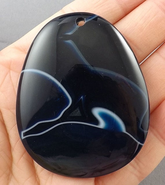 White stone veins Navy blue Agate gemstone Pendant 55mmX45mm