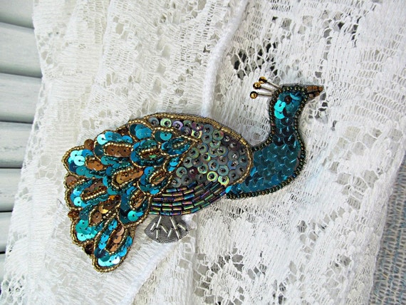 Applique Sequin Peacock Blue Aqua Turquoise Gold Patch Embellishment Sparkling Bird Decoration
