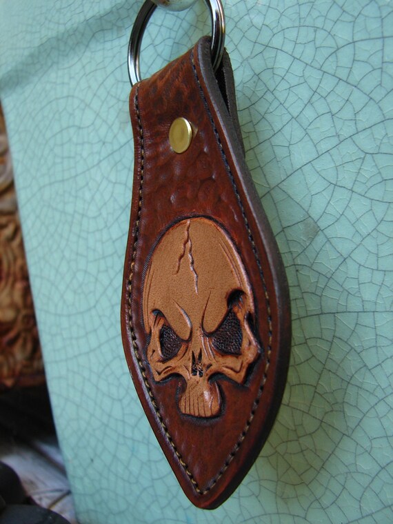 Items similar to custom hand carved/tooled skull leather keychain/key