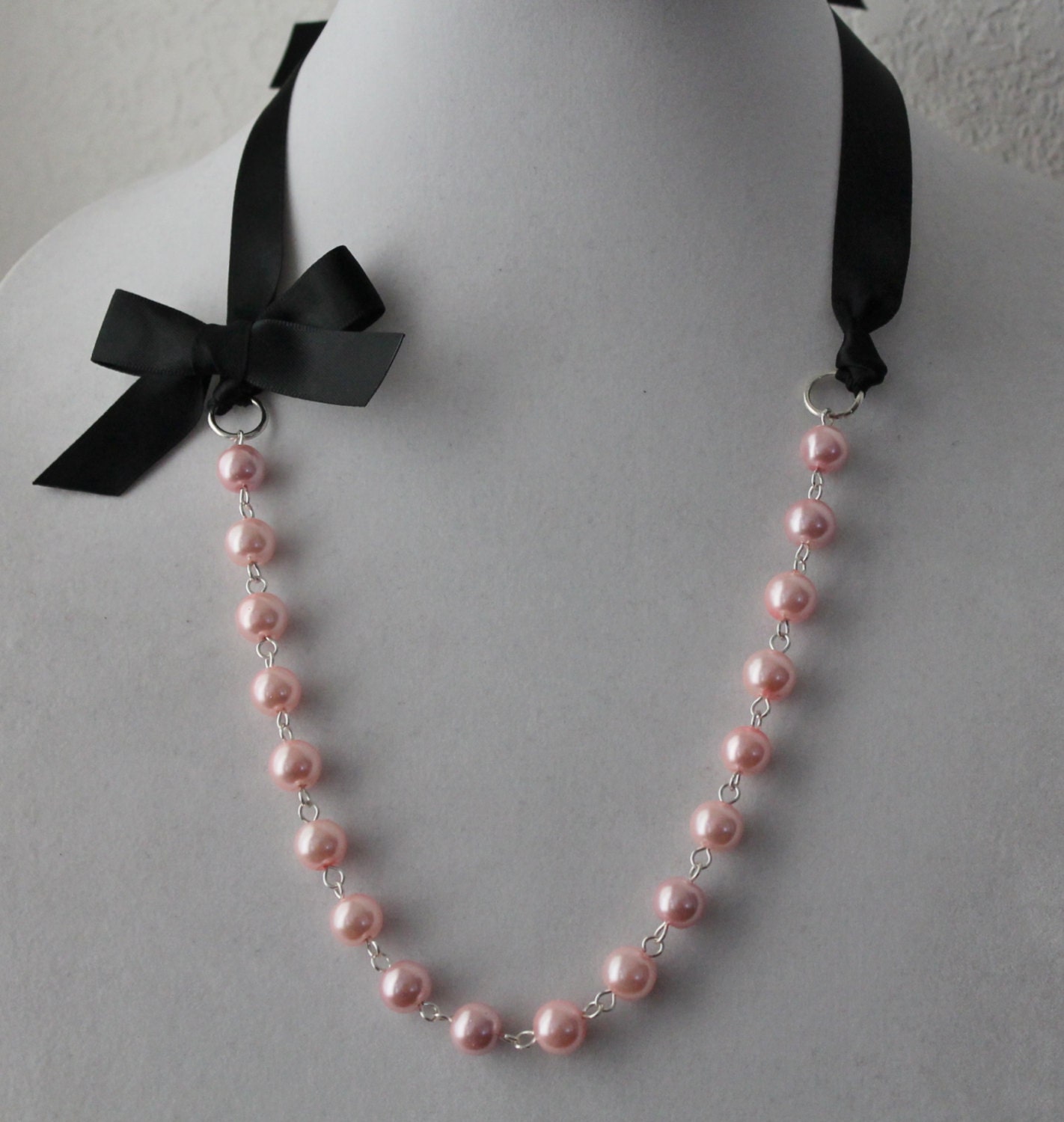 Pink Pearl and Black Ribbon Bow Necklace