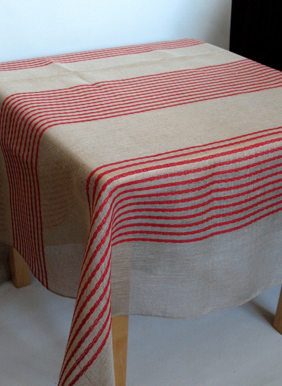 Linen Tablecloth Natural Red Gray Stripes 82" x 58"