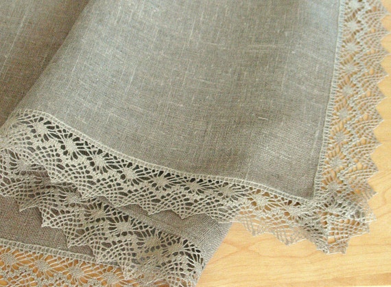 Linen Tablecloth Burlap Checked Square Natural Gray Linen Lace 42" x 42"