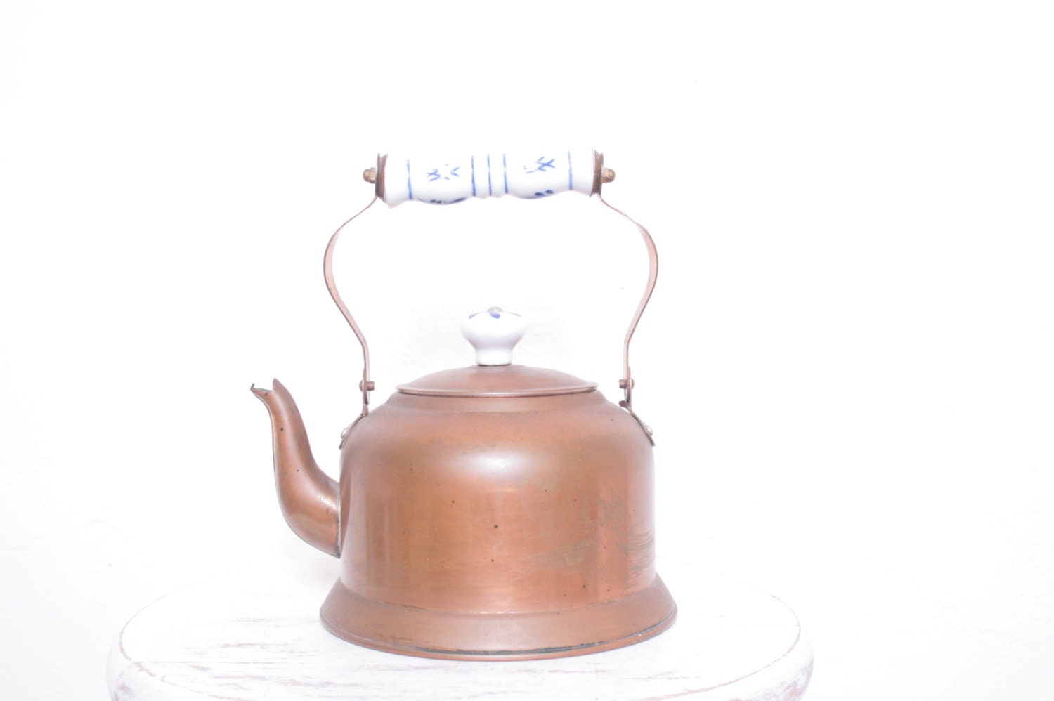 Small Antique Stovetop Copper Kitchen Kettle Teapot with Porcelain