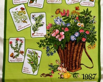 1987 Calendar tea towel with Herbal Flowers