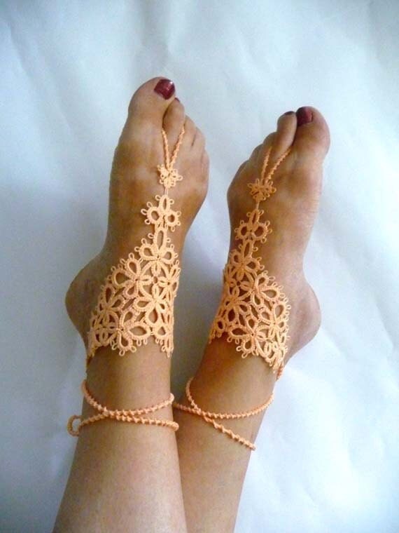 Barefoot sandals tatting peach - tatting lace - for her - dance - wedding