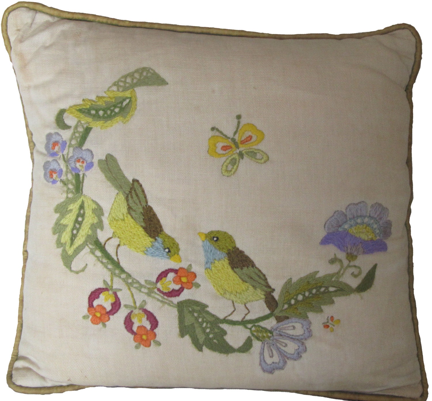Crewel Embroidered Birds Pillow by annespillowdesigns on Etsy