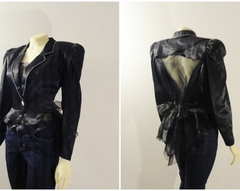 Vintage Jacket 80s Black Satin Tuxedo Jacket Blazer Ruffle Tails Sheer Back Cut Out Modern Size Medium