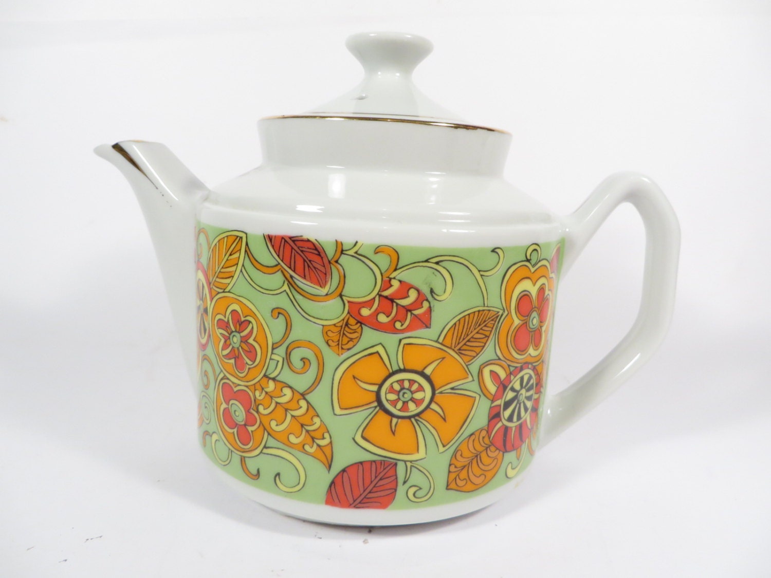 Vintage Green Orange Flowers Ceramic Teapot Made in Japan Porcelain