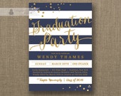 Navy & Gold Graduation Party Invitation Gold Glitter Navy Blue Horizontal Stripes Modern Bachelorette DIY Digital or Printed- Wendy Il_170x135