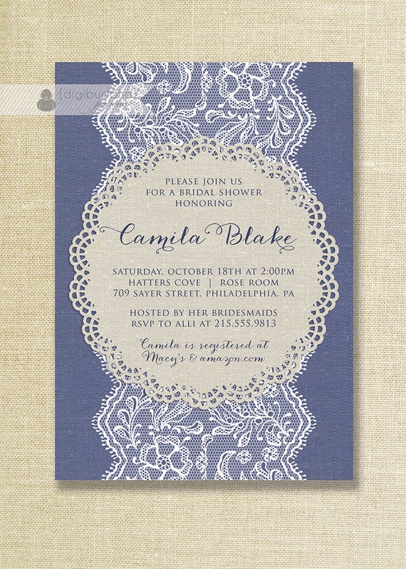 Lace & Linen Bridal Shower Invitation Navy Blue White Beige Shabby Chic Wedding Invite FREE