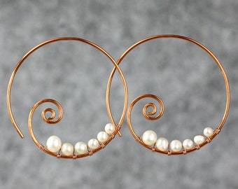 Pearl copper wiring scroll hoop earring handmade US freeshipping Anni Designs
