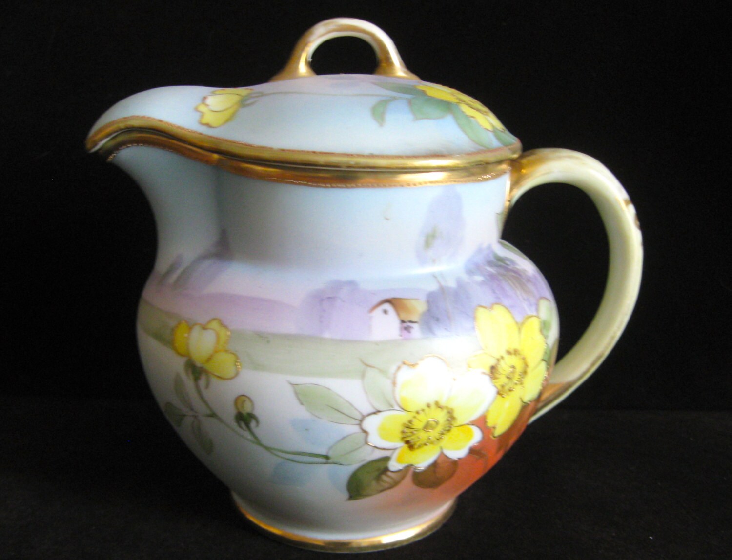 Vintage Nippon Covered Tea Pot Pitcher Handpainted Gold Gilt