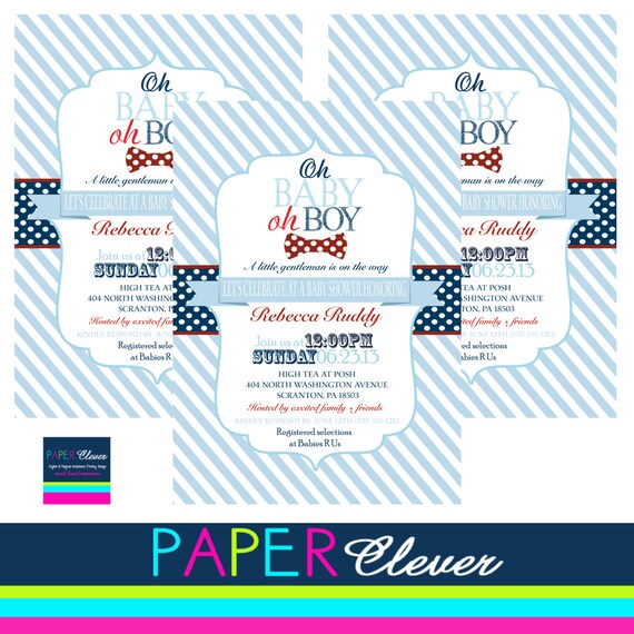 Bow-tie Boys baby shower invitation - navy, red, baby blue - digital, printable file #34 Il_570xn