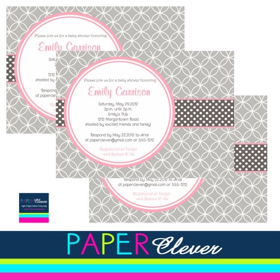 Girls baby shower invitation, modern, pink & gray - digital file, printable (#992) Il_570xn