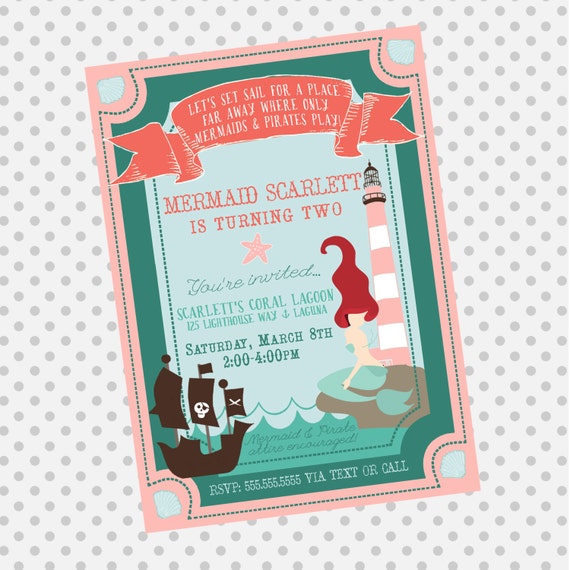 Mermaid & Pirate party Invitation - Pool party Invitation- under the sea - little mermaid - party supplies Il_570xn